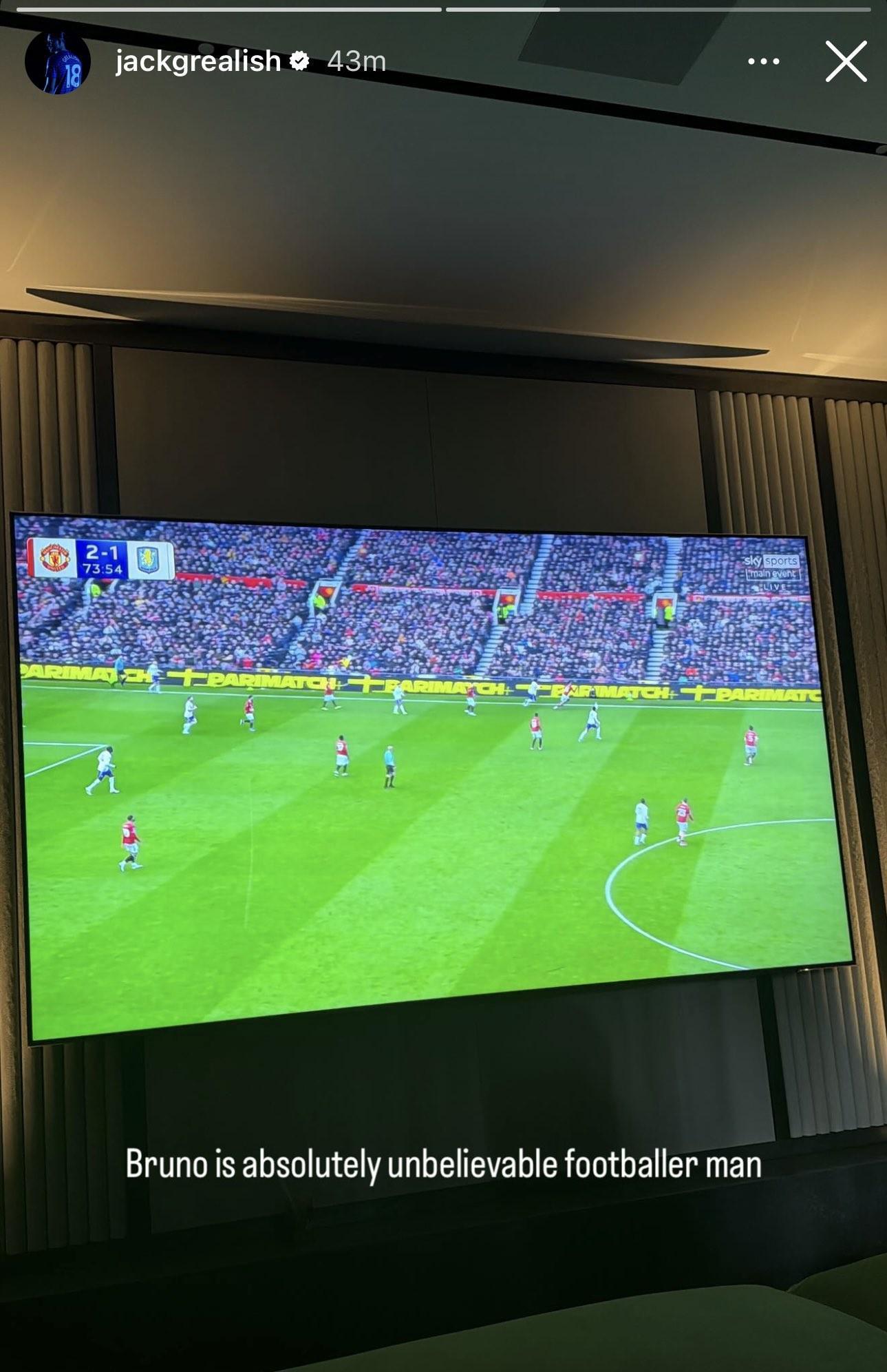 KAIYUN-格拉利什晒观赛照并称赞B费：布鲁诺绝对是位不可思议的球员